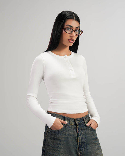 White Lightweight Full Sleeve Henley – Women