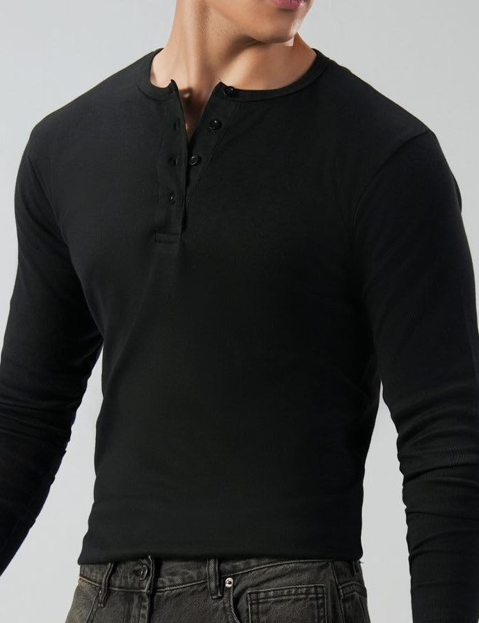 Black Lightweight Full Sleeve Henley – Men