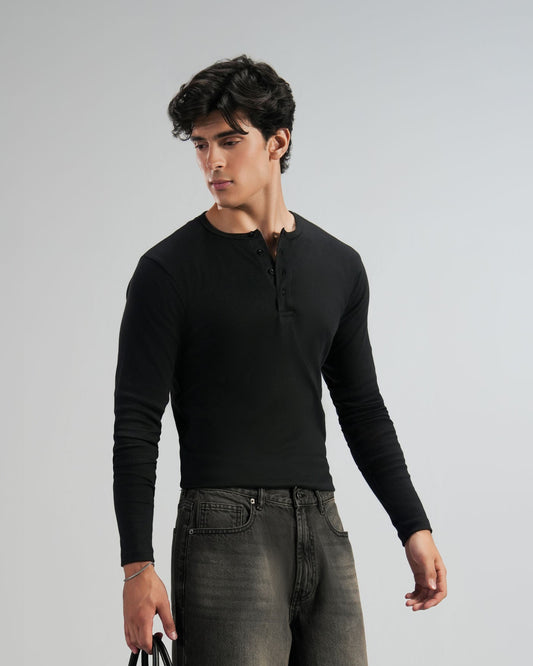 Black Lightweight Full Sleeve Henley – Men