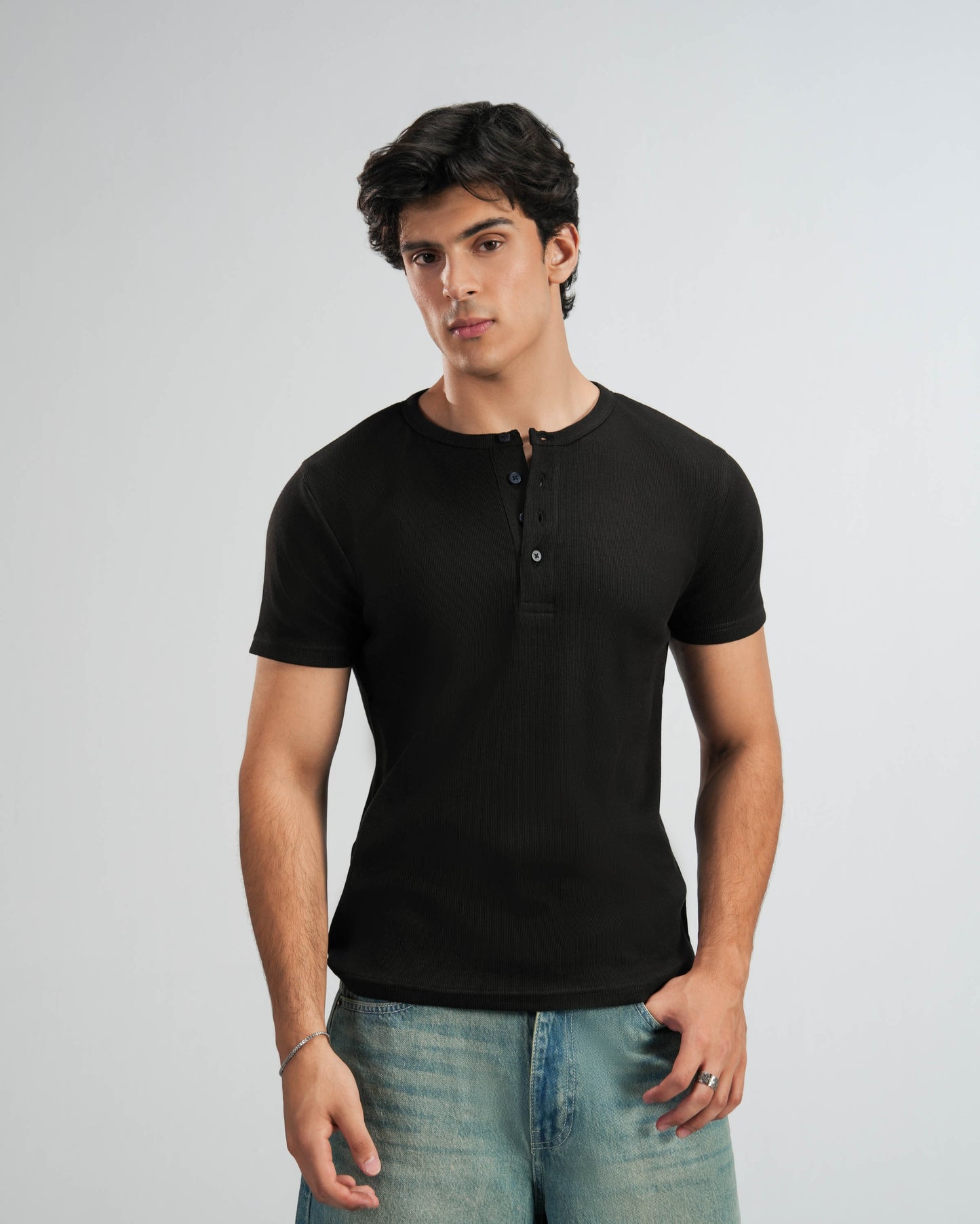 Black Lightweight Half Sleeve Henley – Men