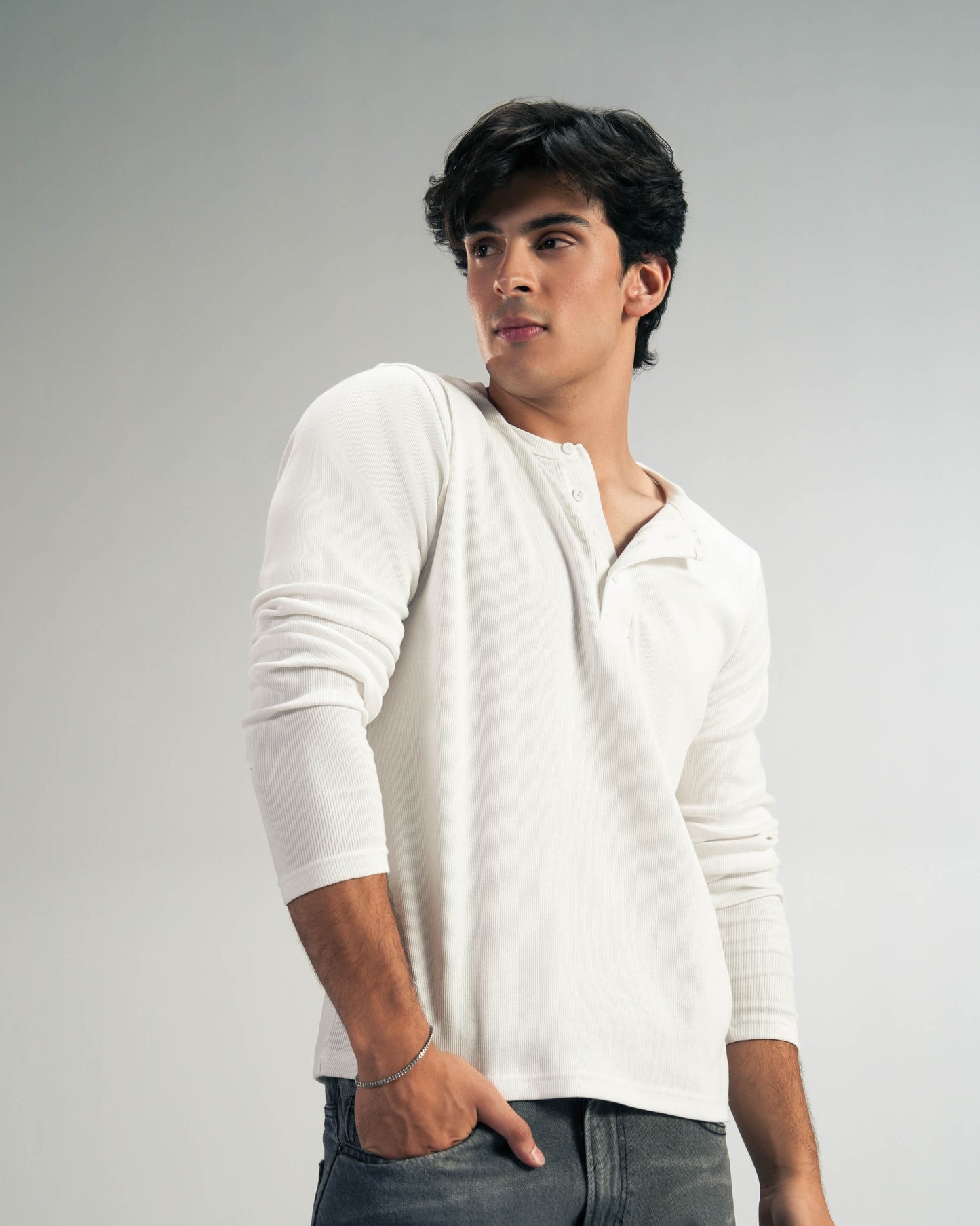 White Lightweight Full Sleeve Henley – Men