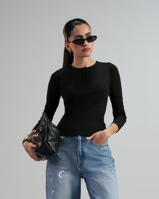Black Lightweight Full Sleeve Henley – Women