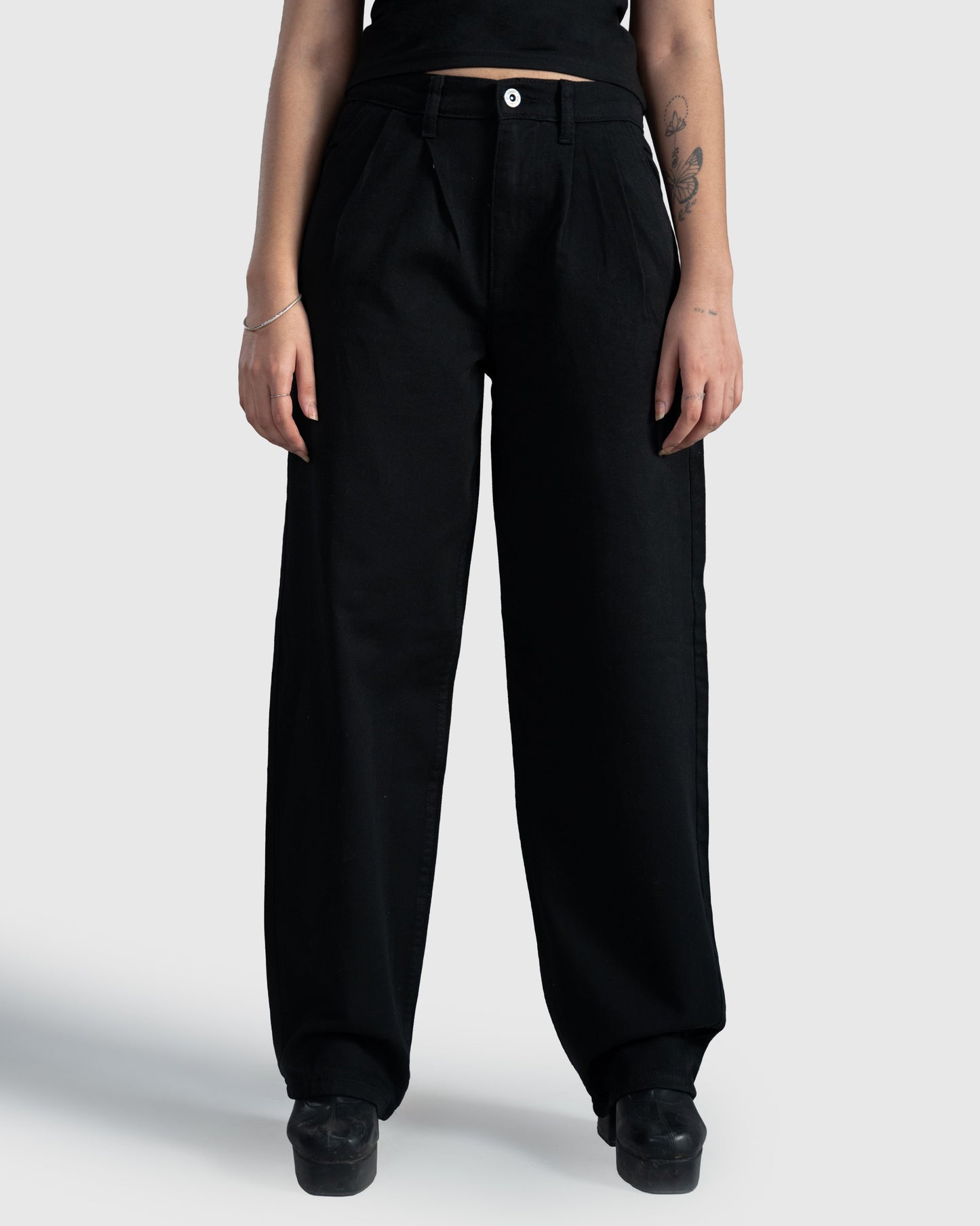Black Pleated Wide Straight Leg