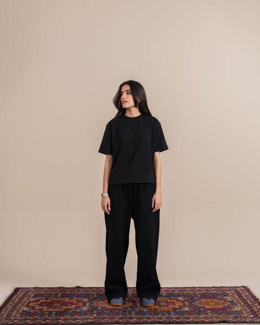 Textured Black Wide Leg Sweatpants