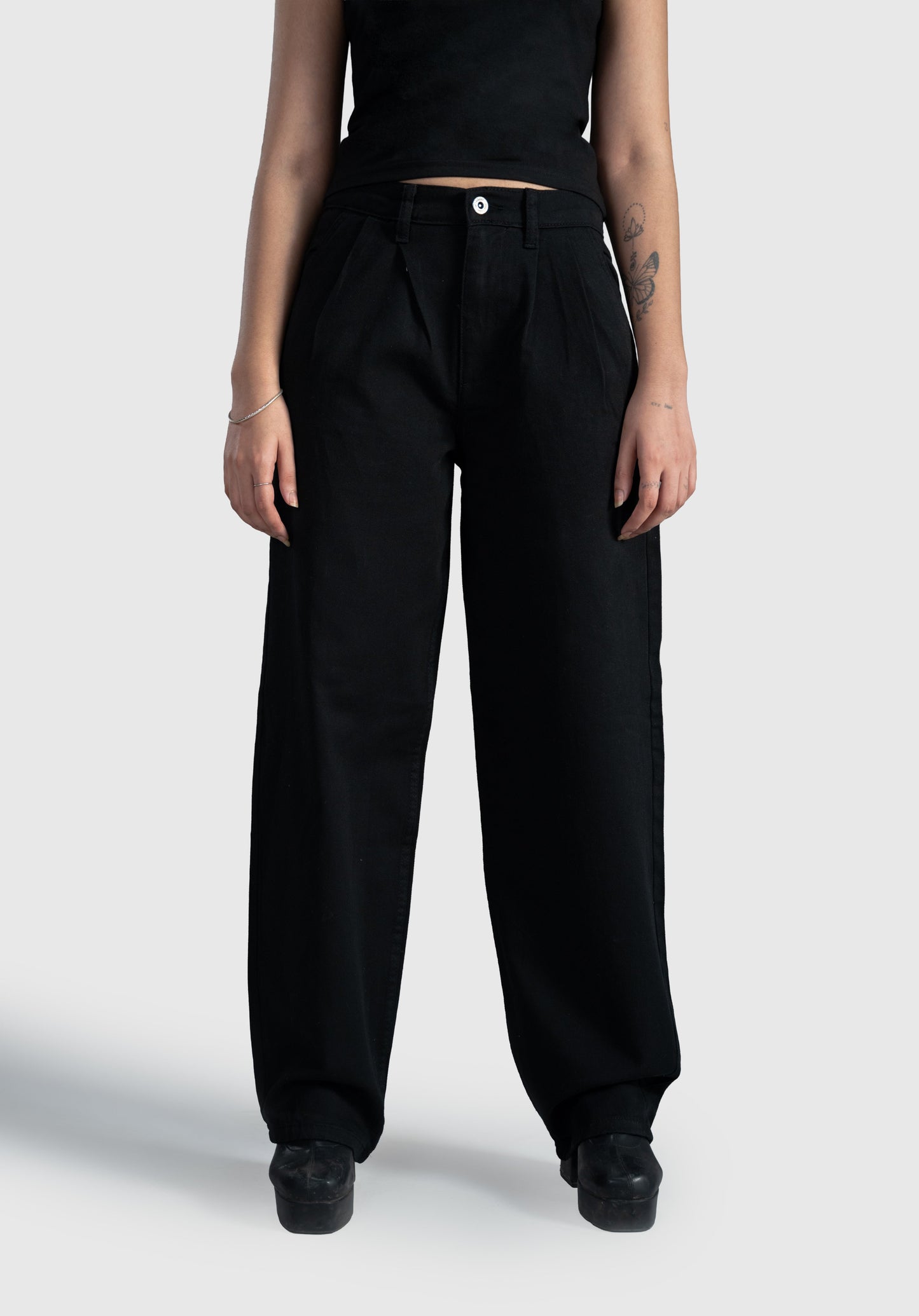 Black Pleated Wide Straight Leg