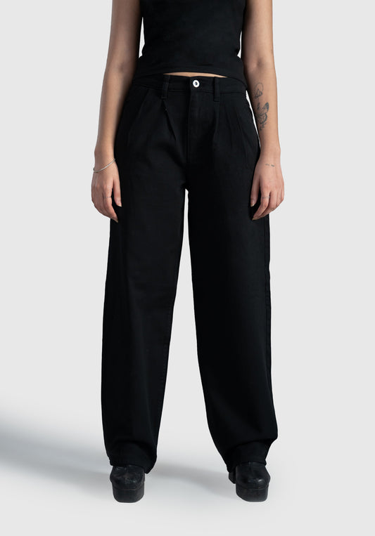 Black Pleated Wide Straight Leg