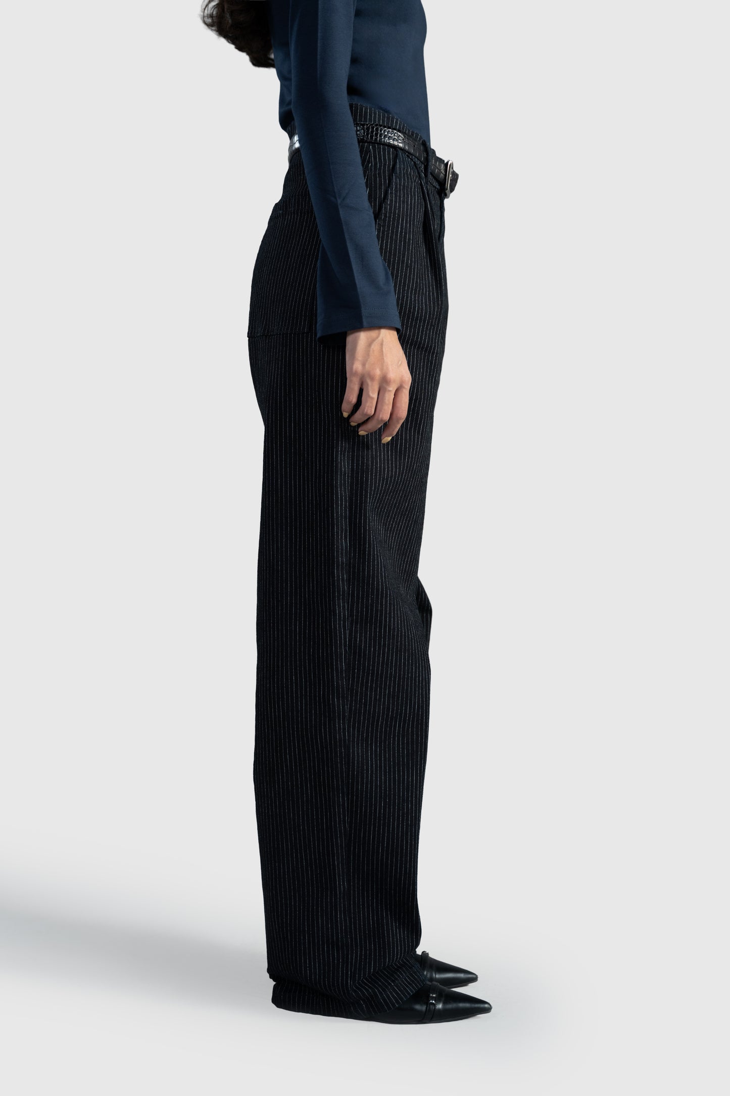 Pinstripe Pleated Wide Straight Leg