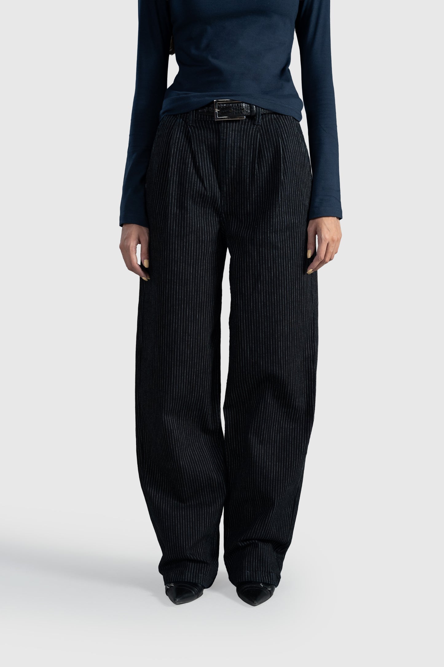 Pinstripe Pleated Wide Straight Leg