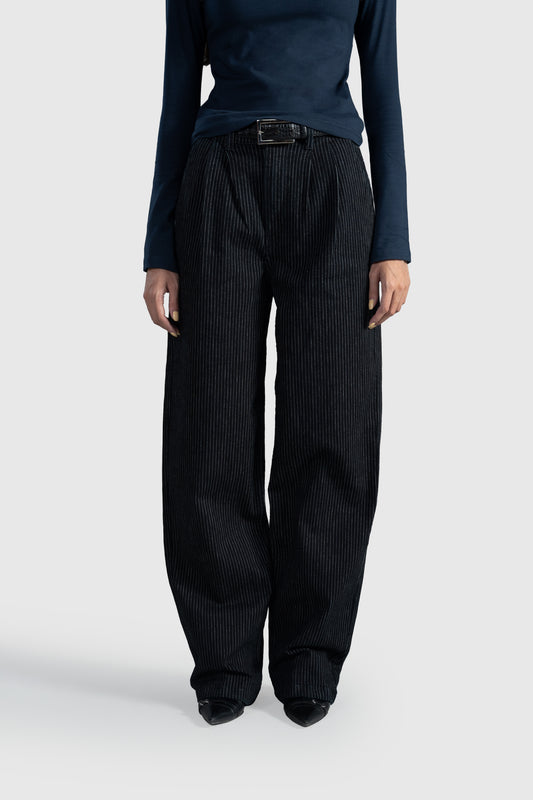 Pinstripe Pleated Wide Straight Leg
